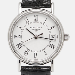 Pre Owned Longines White Stainless Steel Leather Presence L4.220.4.11.2 Women's Wristwatch 23.5 mm