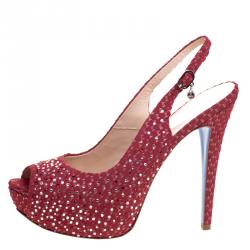 Loriblu Red Crystal Embellished Textured Nubuck Platform Slingback Sandals Size 39