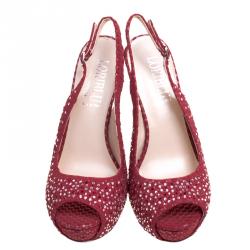 Loriblu Red Crystal Embellished Textured Nubuck Platform Slingback Sandals Size 39