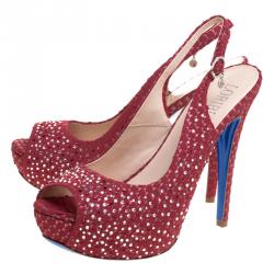 Loriblu Red Crystal Embellished Textured Nubuck Platform Slingback Sandals Size 39