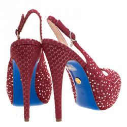 Loriblu Red Crystal Embellished Textured Nubuck Platform Slingback Sandals Size 39