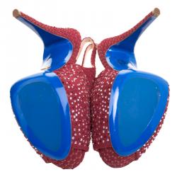 Loriblu Red Crystal Embellished Textured Nubuck Platform Slingback Sandals Size 39