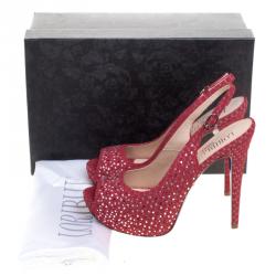 Loriblu Red Crystal Embellished Textured Nubuck Platform Slingback Sandals Size 39