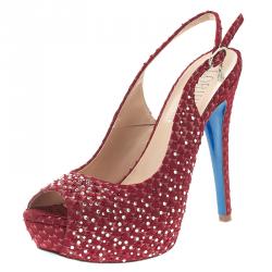 Pre Owned Loriblu Red Crystal Embellished Textured Nubuck Platform Slingback Sandals Size 37.5