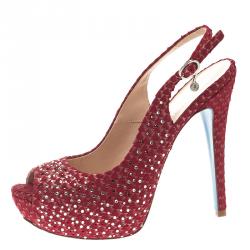 Pre Owned Loriblu Red Crystal Embellished Textured Nubuck Platform Slingback Sandals Size 37.5