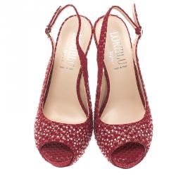 Pre Owned Loriblu Red Crystal Embellished Textured Nubuck Platform Slingback Sandals Size 37.5
