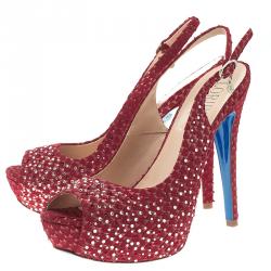 Pre Owned Loriblu Red Crystal Embellished Textured Nubuck Platform Slingback Sandals Size 37.5