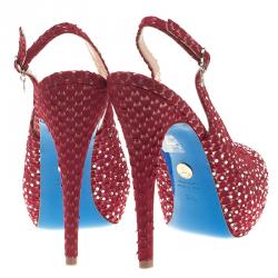 Pre Owned Loriblu Red Crystal Embellished Textured Nubuck Platform Slingback Sandals Size 37.5