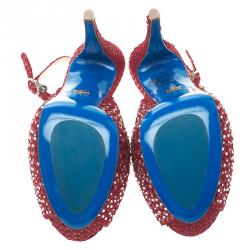 Pre Owned Loriblu Red Crystal Embellished Textured Nubuck Platform Slingback Sandals Size 37.5