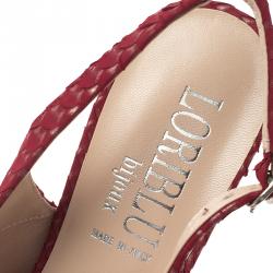 Pre Owned Loriblu Red Crystal Embellished Textured Nubuck Platform Slingback Sandals Size 37.5