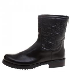 Loriblu Black Vine Leaves Embroidered Leather Flat Boots Size 41