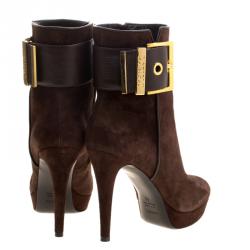 Loriblu Dark Brown Suede Buckle Detail Platform Ankle Boots Size 40