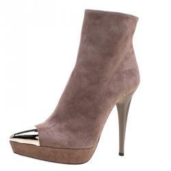 Loriblu Taupe Suede Metal Cap Toe Platform Boots Size 38.5