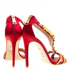 Pre Owned Loriblu Bijoux Red Satin Floral Embellished Crystal Studded Sandals Size 39