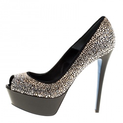 Loriblu Bijoux Black Crystal Embellished Suede Peep Toe Platform Pumps Size 39