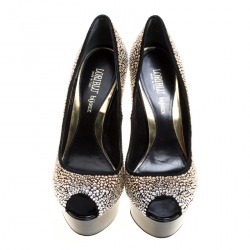 Loriblu Bijoux Black Crystal Embellished Suede Peep Toe Platform Pumps Size 39