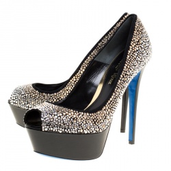 Loriblu Bijoux Black Crystal Embellished Suede Peep Toe Platform Pumps Size 39
