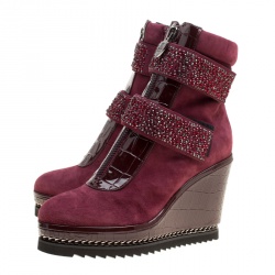Loriblu Bordeaux Suede and Croc Embossed Leather Wedge Boots Size 36