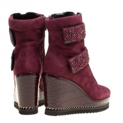Loriblu Bordeaux Suede and Croc Embossed Leather Wedge Boots Size 36