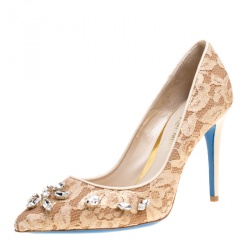 Pre Owned Loriblu Bijoux Beige Lace Crystal Embellished Pointed Toe Pumps Size 39