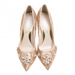 Pre Owned Loriblu Bijoux Beige Lace Crystal Embellished Pointed Toe Pumps Size 39