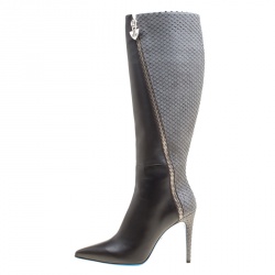 Loriblu Grey Leather and Python Embossed Zip Detail Pointed Toe Boots Size 38
