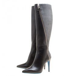 Loriblu Grey Leather and Python Embossed Zip Detail Pointed Toe Boots Size 38