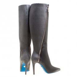 Loriblu Grey Leather and Python Embossed Zip Detail Pointed Toe Boots Size 38