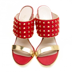 Loriblu Tricolor Knit Fabric and Leather Spike Studded Platform Slides Size 38