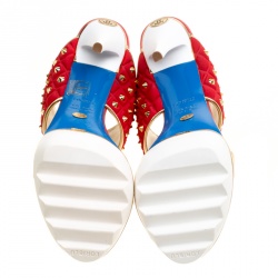 Loriblu Tricolor Knit Fabric and Leather Spike Studded Platform Slides Size 38