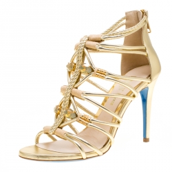 Pre Owned Loriblu Bijoux Metallic Gold Leather Crystal Embellished Strappy Sandals Size 38