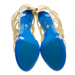 Pre Owned Loriblu Bijoux Metallic Gold Leather Crystal Embellished Strappy Sandals Size 38