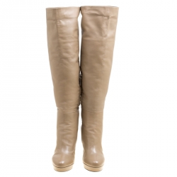 Pre Owned Loriblu Beige Leather Faux Fur Lined Platform Knee Length Boots Size 38.5