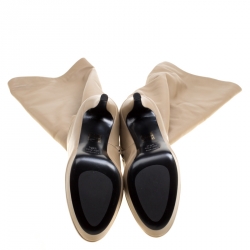 Pre Owned Loriblu Beige Leather Faux Fur Lined Platform Knee Length Boots Size 38.5