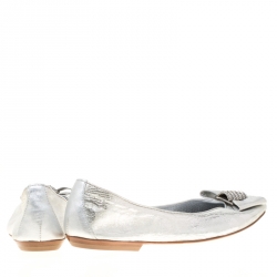 Pre Owned Loriblu Bijoux Metallic Silver Leather Crystal Embellished Bow Square Toe Ballet Flats Size 40