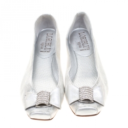 Pre Owned Loriblu Bijoux Metallic Silver Leather Crystal Embellished Bow Square Toe Ballet Flats Size 40