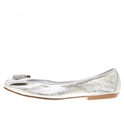 Pre Owned Loriblu Bijoux Metallic Silver Leather Crystal Embellished Bow Square Toe Ballet Flats Size 40