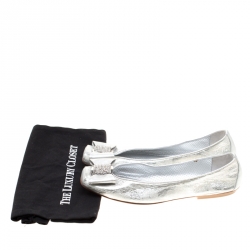 Pre Owned Loriblu Bijoux Metallic Silver Leather Crystal Embellished Bow Square Toe Ballet Flats Size 40