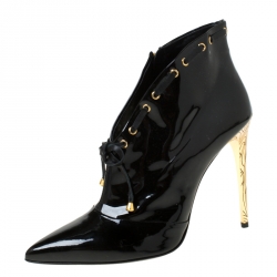 Pre Owned Loriblu Black Patent Leather Pointed Toe Lace Booties Size 39