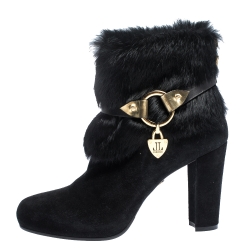 Loriblu Black Suede And Fur Trim Pointed Toe Ankle Boots Size 41