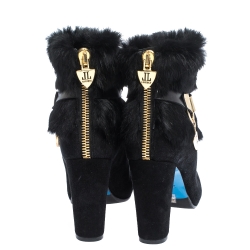 Loriblu Black Suede And Fur Trim Pointed Toe Ankle Boots Size 41