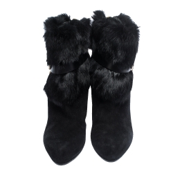 Loriblu Black Suede And Fur Trim Pointed Toe Ankle Boots Size 41