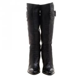 Pre Owned Loriblu Black Leather Buckle Detail Knee High Boots Size 39