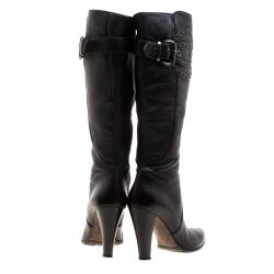 Pre Owned Loriblu Black Leather Buckle Detail Knee High Boots Size 39