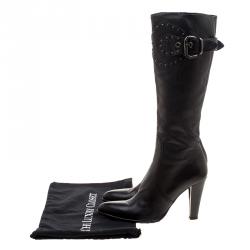 Pre Owned Loriblu Black Leather Buckle Detail Knee High Boots Size 39