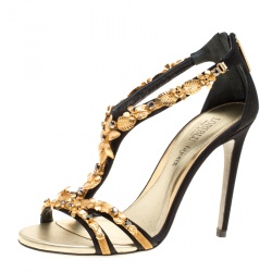 Pre Owned Loriblu Bijoux Black Satin Floral Embellished Crystal Studded Sandals Size 38