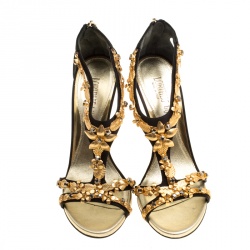 Pre Owned Loriblu Bijoux Black Satin Floral Embellished Crystal Studded Sandals Size 38