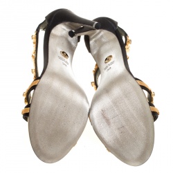 Pre Owned Loriblu Bijoux Black Satin Floral Embellished Crystal Studded Sandals Size 38