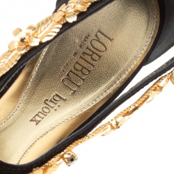 Pre Owned Loriblu Bijoux Black Satin Floral Embellished Crystal Studded Sandals Size 38