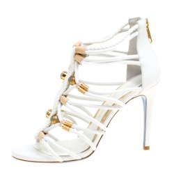 Pre Owned Loriblu Bijoux White Leather Crystal Embellished Strappy Sandals Size 37